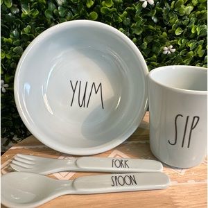RAE DUNN BABY 4 PIECE MELAMINE DISH SET TIME FOR YUM SIP SPOON FORK